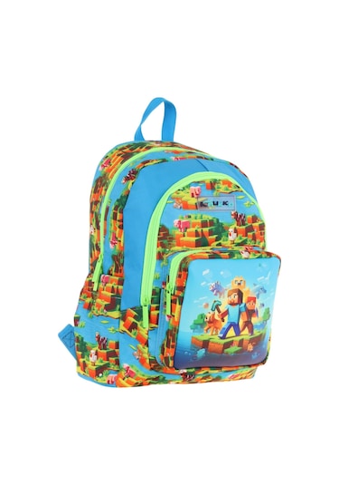 Kaukko Kids Üç Bölmeli Mavi Yeşil - Craft Baskılı Erkek Çocuk Okul Ve Günlük Sırt Çantası - L5280 Mavi - Yeşil