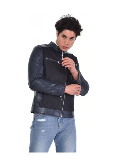 Hakiki Deri Siyah Erkek Deri Mont Önden Kumaş Detaylı Üst Ve Yandan Fermuarlı Deri Ceket Siyah