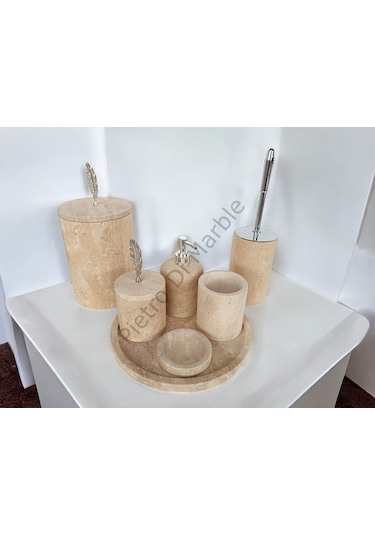 Sarı Traverten Klasik Model 7 Parça Gümüş Renk Kuş Tüyü Aksesuarlı Banyo Seti Sarı Traverten