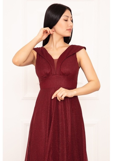 Kalopya Simli Tül Uzun Abiye Elbise 13280 Bordo