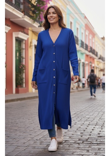Kadın Önü Düğmeli V Yaka Cepli Mevsimlik Hırka Saks Mavi