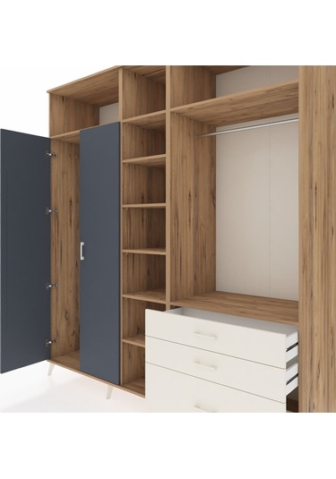 Kronos Dolap 9 Raflı 3 Çekmeceli 2 Askılı 220x59x243 Çam-antrasit/aytaşı Antrasıt/aytası