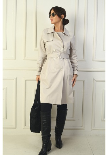 Kadın Beli Ve Kolları Kemerli Önü Düğmeli Cepli Pardesü Bej