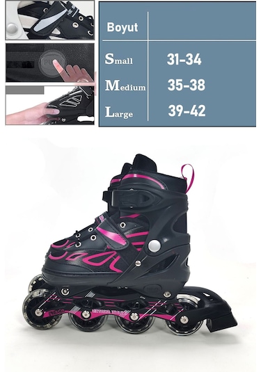 Vadi Pembe Çift Sıra Alüminyum Gövdeli Işıklı Silikon Teker Ayarlanabilir Alıştırma Pateni + Çanta Pembe