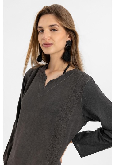 Siyah İşlemeli Uzun Kollu Astarsız Pamuklu Uzun Elbise-siyah Siyah