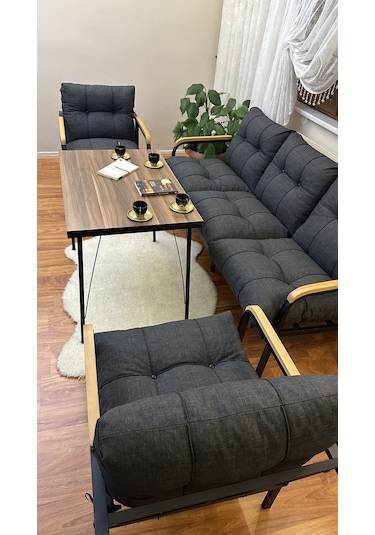 Modern Style Home Modern Sarıyer Balkon, Bahçe, Cafe - Metal Kanepe Koltuk Takımı - 3+1+1+masa Antrasit Modernk025 Antrasit