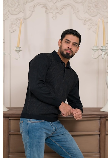 Woolen World Polo Yaka Desenli Yünlü Erkek Triko Kazak Lacivert
