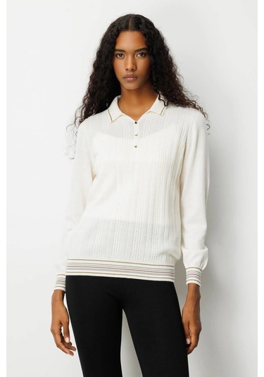 Desen Triko Polo Yaka Simli Çizgili Kadın Yün Bluz 25080d Ekru