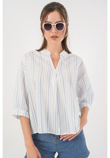 Bigdart Kadın Çizgili Oversize Bluz 967 - A.Mavi