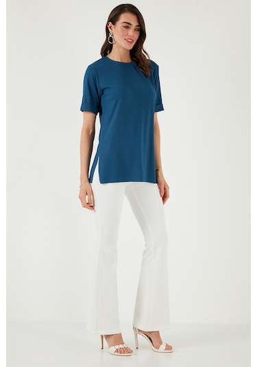 Lela Oversize Bisiklet Yaka Yırtmaç Detaylı Bayan Bluz 5869000 Indigo