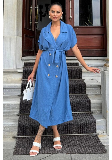 Kadın İndigo Kruvaze Yaka, Kısa Kollu, Kemer Detaylı, Rahat Kesim, Midi Keten Elbise Indigo