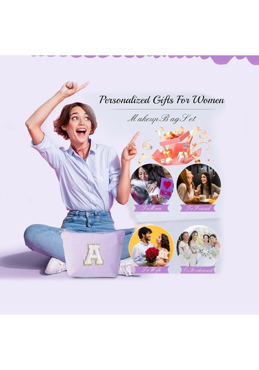 2 Parçalı Büyük Çizgili İlk Harfli Makyaj Çantası Seti - Şık Seyahat Tuvalet Çantası Ve Makyaj Düzenleyici, Makyaj Fırçaları İçin Sevimli Estetik Saklama Alanı, Kişiselleştirilmiş Hediyeler, Kadınlar İçin Kozmetik Çantası Mor B Mor-b