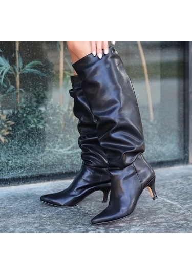 Zelya Siyah Cilt Topuklu Çizme Siyah