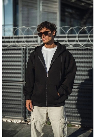 Efnaz Style Oversize Tam Fermuarlı Uzun Kol Hırka - Siyah