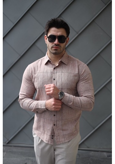 Erkek Pamuklu Keten Kumaş Gömlek Kahve