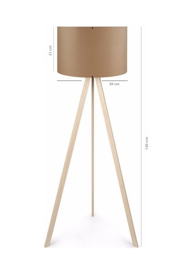 Pratik Ahşap Krem Üç Ayaklı Tripod Lambader Kahve Kumaş Başlık Salon Oturma Odası Köşe Lambası Kahve