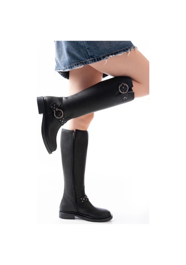 Siyah Toka Aksesuarlı Lastikli Fermuarlı Günlük Kadın Çizme Siyah