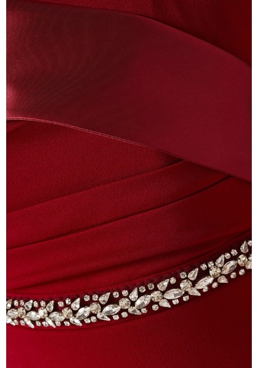 Ac By Aanchal Chanda Embellished Off - Shoulder Scuba Kristal Işlemeli Kadın Elbise Kırmızı