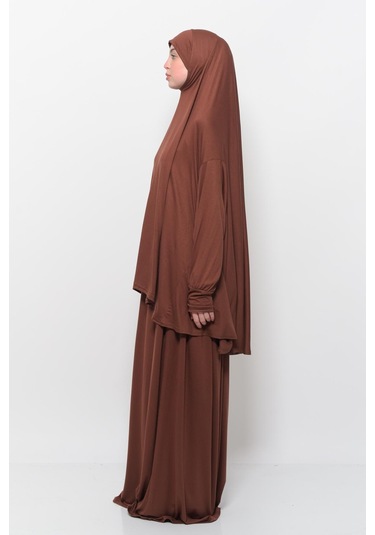 Pratik 2 Parça Pamuklu Yarasa Kollu Başörtülü Tesettür Namaz Elbisesi Çikolata Antrasit