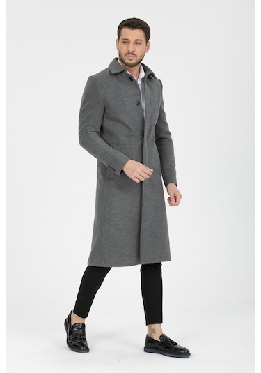 Erkek Gri Dar Kesim Uzun Kaşe Gömlek Yaka Palto & Kaban Gri Erkek Gri Dar Kesim Uzun Kaşe Gömlek Yaka Palto & Kaban Gri