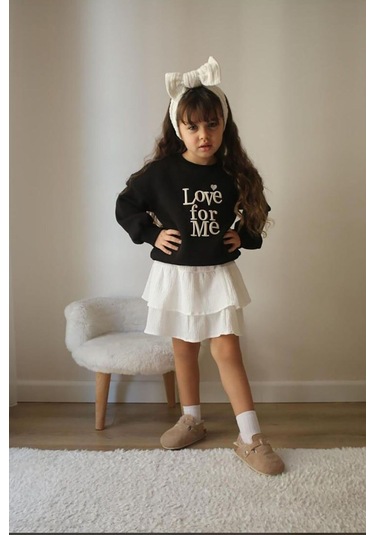 Bandanalı Etekli Tarz Kız Çocuk Takımı Üst Üç İplik Siyah