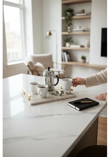 Akayev Traverten Altın Florya 30x20 Cm Tepsi Beyaz