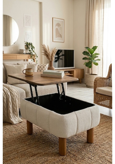 Ester Sandıklı Mekanizmalı Orta Sehpa/bench, Kırık Beyaz