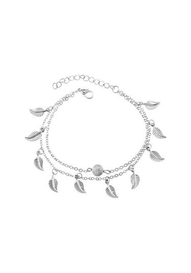 Gümüş Çift Katmanlı Yapraklar Charm Halhal Ayak Zinciri Yaz Kadın Sandal Ayak Bileği Bilezik Gümüş
