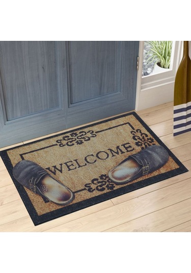 Myfloor Welcome Ve Terlik Desenli Çift Taraflı Kauçuk Kapı Önü Paspası