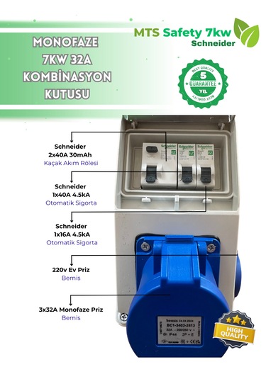 7.4 Kw 3/32 A Schneider Tesla Mavi Adaptör Uyumlu Seyyar Elektrikli Araç Şarj Cihazı İstasyonu Kombinasyon Panosu Kutusu 7kw 7,4 KW