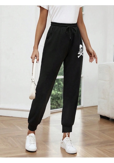 Lune Halloween Skull Print Drawstring Waist 4 Mevsim Eşofman Siyah