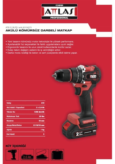 Atlas ATB 21 BLPD 21 Volt Akülü Kömürsüz Darbeli Vidalama Matkap Seti