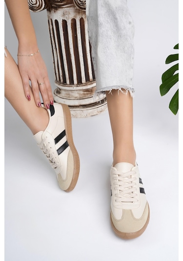 Muggo Gordon Unisex Ortopedik Günlük Garantili Bağcıklı Yürüyüş Koşu Sneaker Spor Ayakkabı Bej