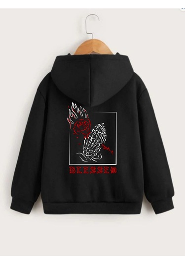 Moda Assema Çocuk Unisex Kapüşonlu Ön Ve Arka Blessed Baskılı Sweatshirt - Siyah Çok Renkli Moda Assema Çocuk Unisex Kapüşonlu Ön Ve Arka Blessed Baskılı Sweatshirt - Siyah Çok Renkli