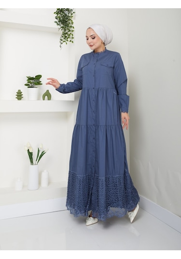 Dantelli Doğal Kumaşlı Boydan Düğmeli Kot Elbise İndigo