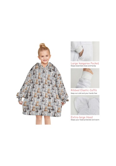 Cat Desenli Çocuk Giyilebilir Battaniye Hoodie, Oversize Kalın Polar, 6-13 Yaş-a60 Cat Variety Gray