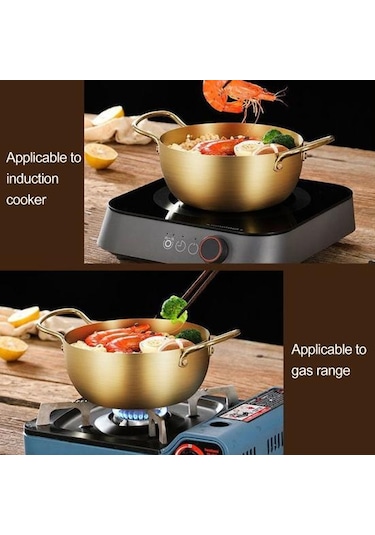 Altın Ramen Erişte Pot Hızlı Isıtma İki Kolları Gıda Sınıfı Paslanmaz Çelik Kore Ramen Erişte 18cm