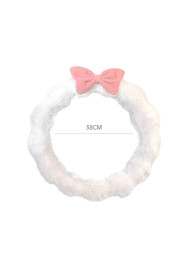 Fiyonklu Yumuşak Peluş Kış Direksiyon Kılıfı Beyaz