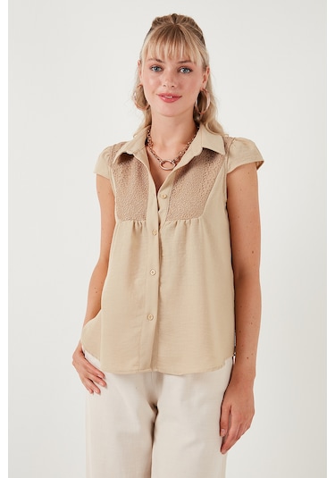 Lela Dantel Detaylı Kısa Kollu Regular Fit Bayan Gömlek 611Go0215 Taş
