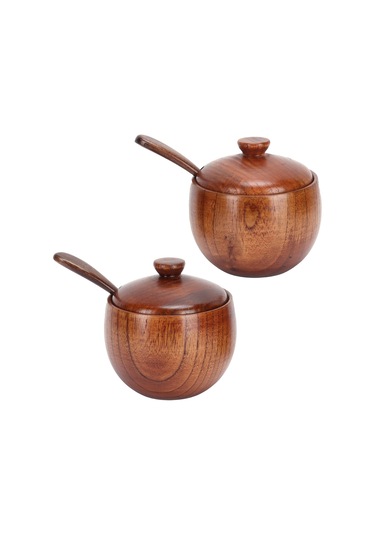 Japon Baharat Kavanozları 2'li Retro Ahşap Baharat Kabı Kapaklı Ve Kaşıklı Mutfak Saklama Kabı -