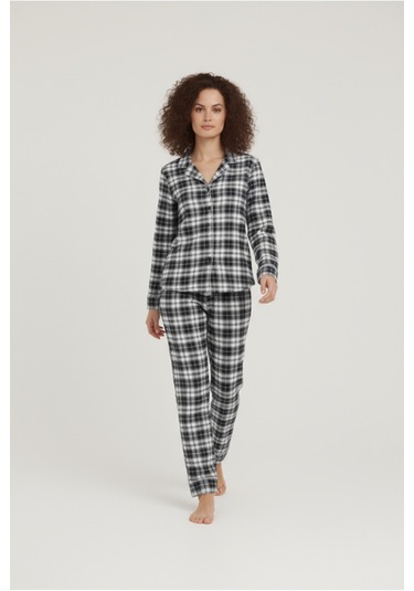 Luxury Viscose Lacivert Ekose Desenli Kadın Uzun Kollu Pijama Takımı 42576 Gümüş