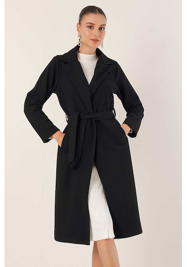 9118 Kruvaze Yaka Kaşe Kaban - Siyah Siyah