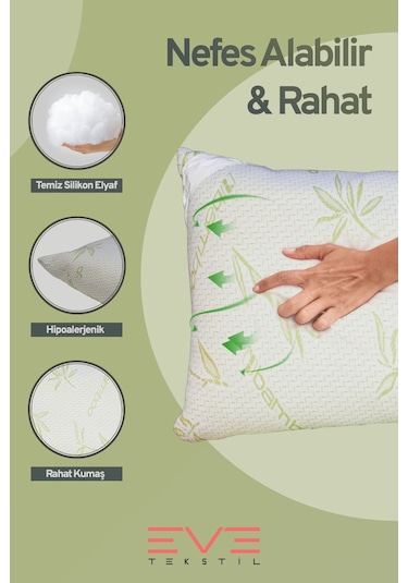 Eve Tekstil Bamboo Serisi Kılıflı Antialerjik Fermuarlı Yıkanabilir Antialerjik Silikon Elyaf Yastık 50x70cm 800 Gr