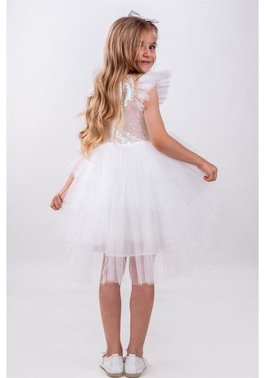 Beyaz Pullu Kız Çocuk Parti Elbisesi
