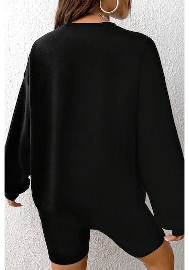 Unisex Holiday Baskılı Bisiklet Yaka Sweatshirt Siyah