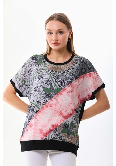 Büşra Triko Kadın Desenli Kısa Kol Penye Bluz 19288 Siyah