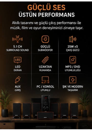 Asawa W-300u 5.1ch Multimedia Ses Sistemi Subwoofer Ev Sinema Sistemi