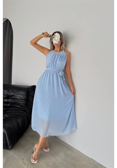 Kadın Astarlı Sıfır Kol Şifon Elbise Dpnbk2144 Mavi