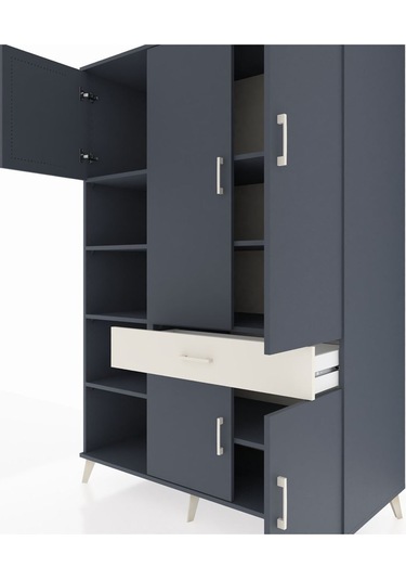 Kronos Dolap 8 Raflı Tek Çekmeceli 5 Kapaklı 132x59x195 Antrasit-antrasit/aytaşı Antrasıt/aytası