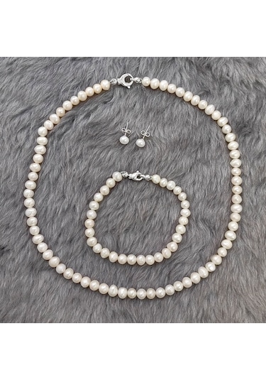 Chavin Doğal Inci Kolye Küpe Bileklik 925 Ayar Gümüş Set Df91 (478255530)